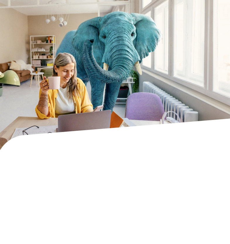 Frau am Laptop mit Elefant im Zimmer